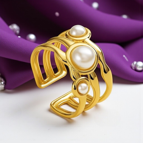 🆕️18K Gold Plated Stainless Steel Adjustable Statement Ring with Faux Pearls ✨ - Picture 1 of 12
